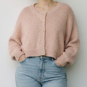 H&M Wool Mohair Blend Cozy Pink Marled Chunky Knit Batwing Cropped Cardigan